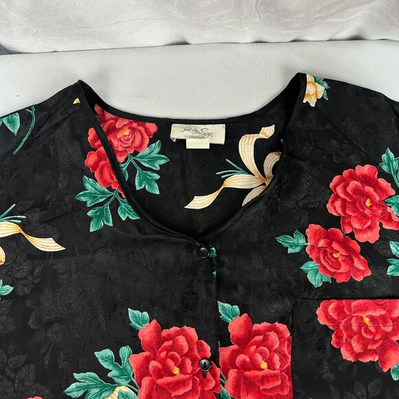 Just My Size Womens 4X Floral Button Front 34 Sleeve Black Blouse Pajama Top - Picture 6 of 11